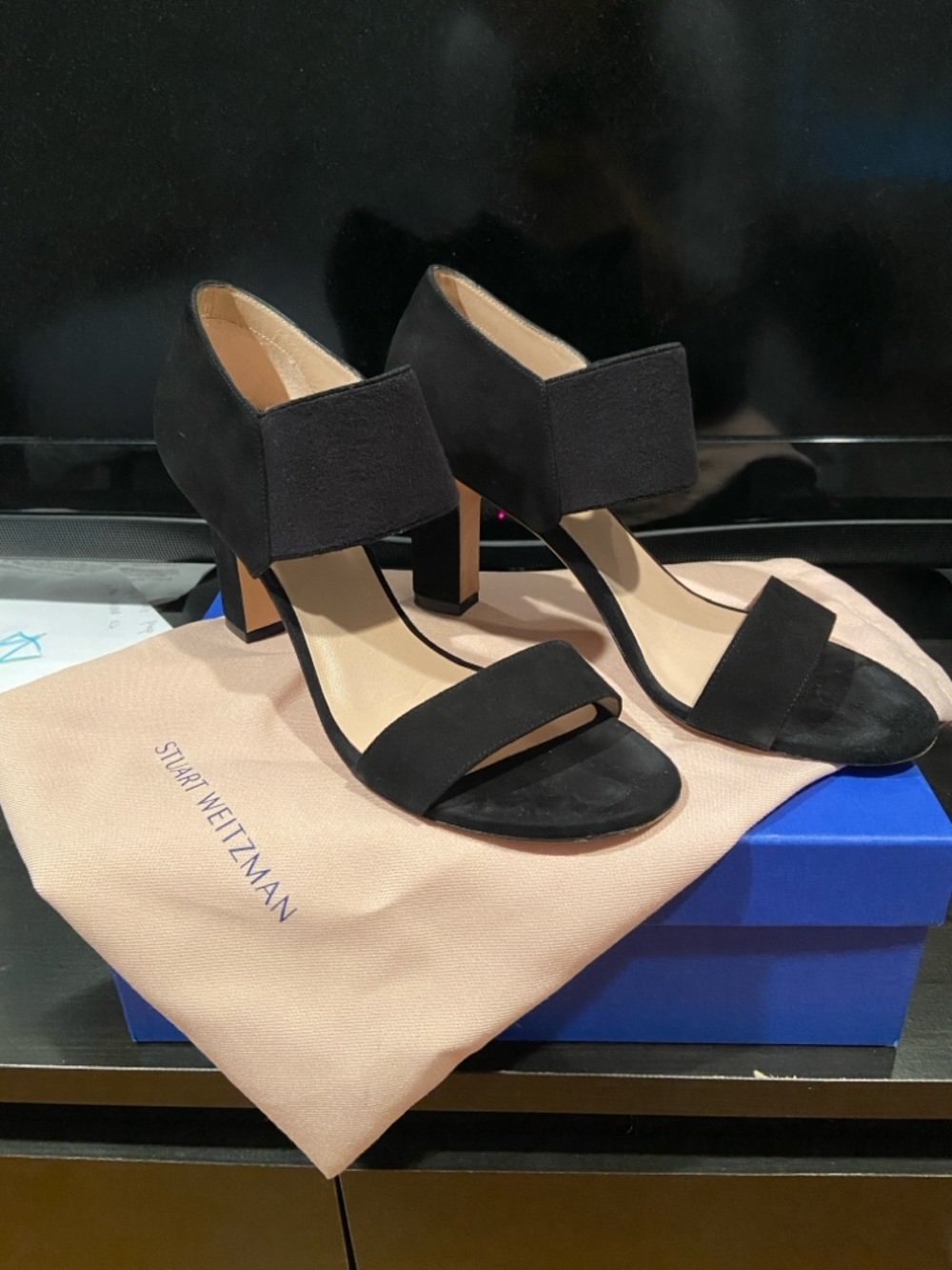 Stuart Weitzman Black Suede Open-Toe Block Heel Sandals